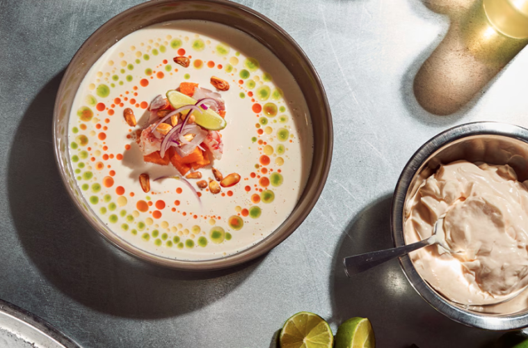 Gazpachuelo con citronela, ceviche de corvina y gambón