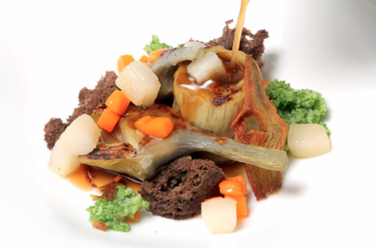 Alcachofa, calabaza y brócoli con tocino salado y confitado