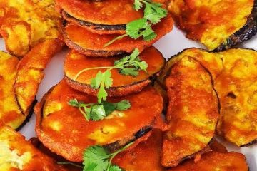 Berenjena rebozada con salmorejo sobrante