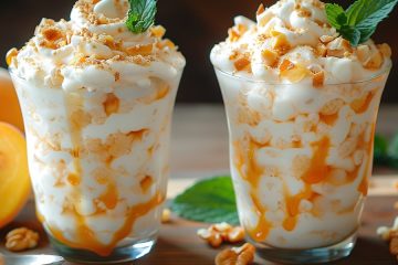 Mousse de melocotón con crunch de almendras y miel - Foto Juver