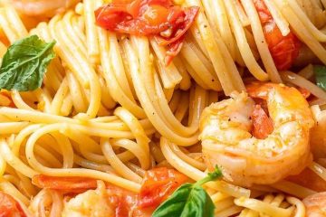 Pasta con gambas y verduras