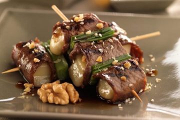 Yakitori de buey y provolone con nueces